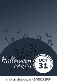  Halloween party poster. Zombie hands and cobweb at dusk.