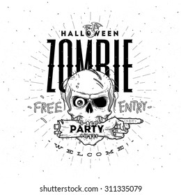 Halloween party poster with zombie head and hand - line art vector illustration