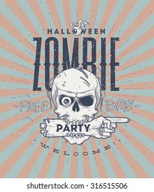 Halloween party poster with zombie head and hand - line art vector illustration