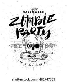 Halloween party poster with zombie head and hand - line art vector illustration with hand drawn brush calligraphy.