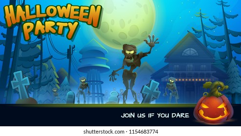 Halloween party poster with zombie in the moonlight. Halloween vector illustration.