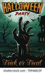 Halloween party poster with zombie s hand, house, tree and bats. foggy graveyard landscape at night.