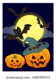 Halloween Party Posters with Bats and Pumpkin in a Hat. Jack. Vector illustration. Art for poster, card, wall art, banner background