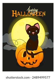 Halloween party posters with black cat sitting on a carved pumpkin. Vector illustration. Art for poster, card, wall art, banner background