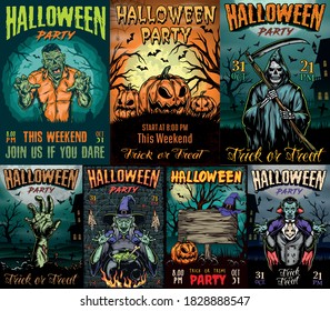 Halloween party posters collection with spooky zombie hand vampire witch near cauldron grim reaper holding scythe pumpkins with carved scary faces vector illustration