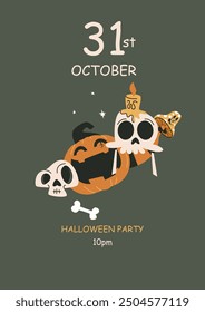 Halloween party posters in doodle style. Vector illustration. Pumpkin, fly agaric mushroom and skull. Space for text. Brochure background.