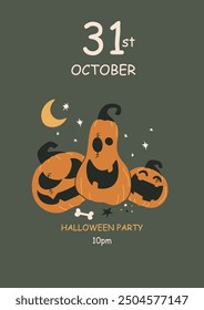 Halloween party posters in doodle style. Vector illustration. Pumpkin, moon and stars. Space for text. Brochure background.