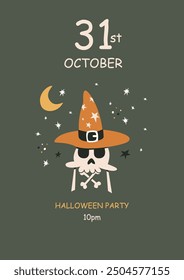 Halloween party posters in doodle style. Vector illustration. Skull, witch hat, moon and stars. Space for text. Brochure background. Vector illustration.