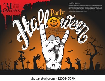 Halloween party posters with event elements: zombie hand, pumpkin, bat