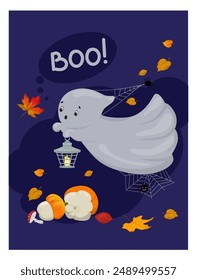 Halloween party posters with ghost and spiders. Vector illustration. Art for poster, card, wall art, banner background