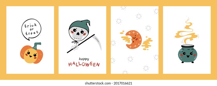 Halloween Party Posters or Greeting Cards Set. Cute Kawaii halloween Characters: Pumpkin, Scull, Moon and Witch Cauldron. Fun Collection for Kids Vector illustration