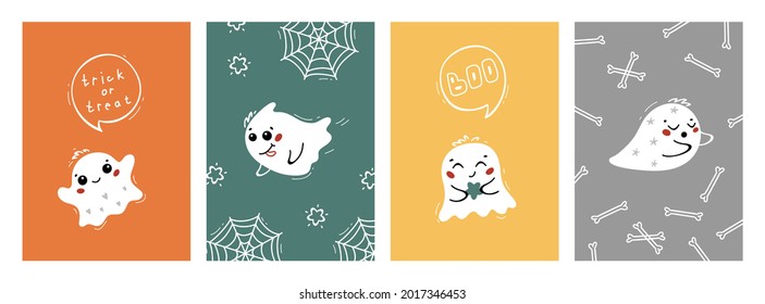 Halloween Party Posters or Greeting Cards Set. Cute Kawaii halloween Ghosts Characters. Fun Collection for Kids Vector illustration