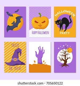 Halloween party posters and invitation cards with cartoon scary signs and characters. Horror backgrounds vector set