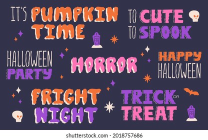 Halloween party posters, invitation or greeting cards collection with handwritten calligraphy lettering set. Funny hand drawn traditional October holiday symbols. Phrases and quotes vector templates