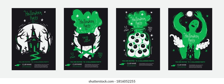 Halloween party posters invitations set in minimalism duo tone style, good for typography print. Template layout of  invite with lettering title - "Halloween Party" and hand drawn vector illustrations