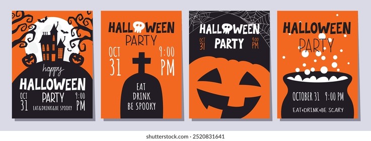 Halloween party posters set. Collection of Halloween holiday prints. Flat vector illustration