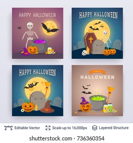 Halloween party posters set. Cute pumpkins and witch magical objects. Vector layered backgrounds with text block.