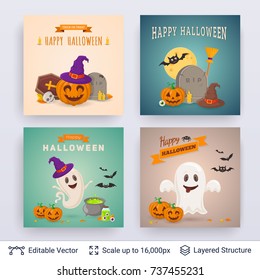 Halloween party posters set. Cute ghosts and pumpkins. Vector layered backgrounds with text block.
