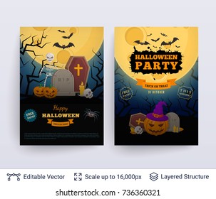 Halloween party posters set. Full Moon on Midnight Cemetery. Vector layered background with text block.