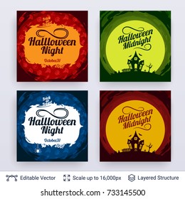 Halloween party posters set. Silhouettes and patterns frame composition. Vector layered background with text block.