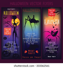 Halloween party posters set with text template and original monsters vector illustration