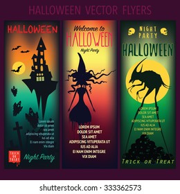 Halloween party posters set with text template and original monsters vector illustration