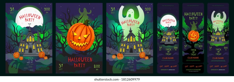 Halloween party posters set with tickets invitations. Halloween flyers with creepy atmosphere - ghosts, old mansion, pumpkins and Jack-o-lanterns with hand drawn calligraphic text. Vector