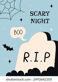 Halloween party posters set Halloween vector illustration on social media. Greeting card with spiderweb gravestone and bats on blue background