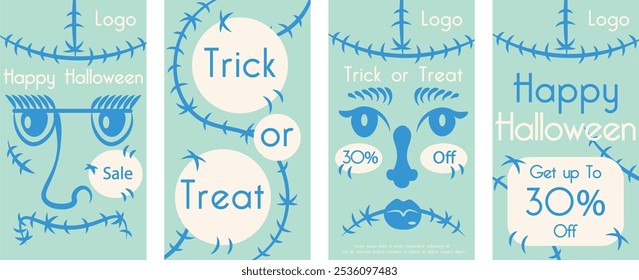 Os cartazes da festa de Halloween definem a ilustração do vetor de Halloween nas mídias sociais. Ilustrações creepy bonitas em um fundo azul em estilo plano. Ilustração de stock de vetor para cartões, folhetos, posts, histórias