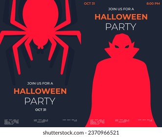 Halloween party posters with spider and dracula silhouettes. Halloween party invitation with red spider and dracula silhouette.