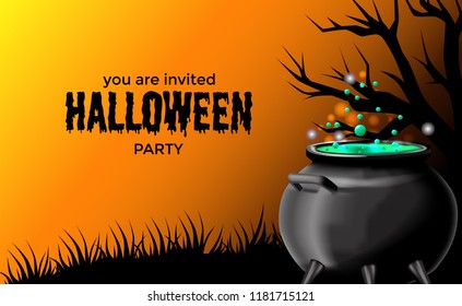 Halloween party with pot in the potion for label poster banner invitation template.