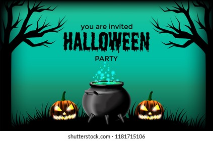 Halloween party with potion in the pot and jack lantern pumpkin for label poster banner invitation template.