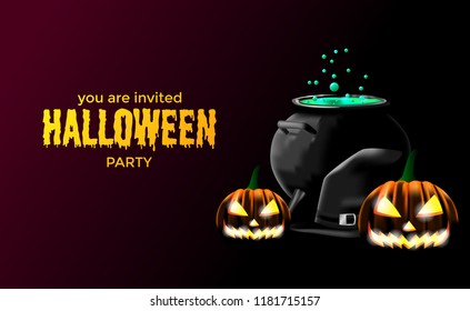 Halloween party with potion in the pot and jack lantern pumpkin for label poster banner invitation template.
