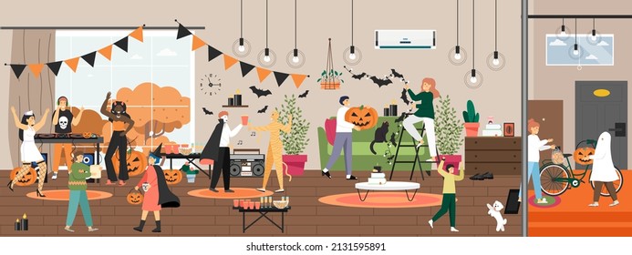 Halloween party preparation and celebration scene set, vector illustration. Home decoration, dance party, trick or treat