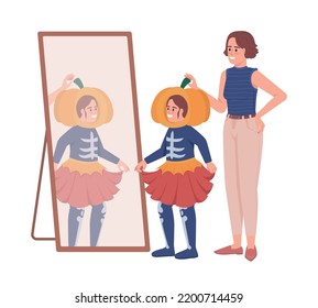 Halloween party preparation semi flat color vector characters. Editable figures. Full body people on white. Choosing costume simple cartoon style illustration for web graphic design and animation