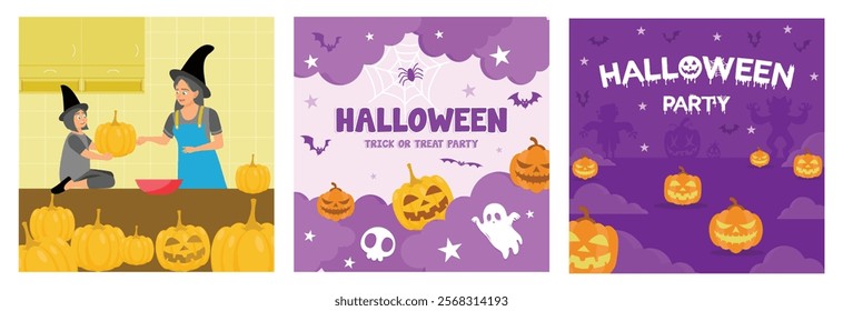 Halloween party preparation. Spooky pumpkins, spider webs, ghosts and bats. Fun Halloween celebration. Halloween concept.  Set flat vector illustration.