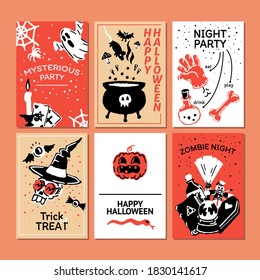 Halloween party promo sale social media banner template with magic elements. Cauldron with potion, magic hat, bat, skull, candle, pumpkin, magic ball, cards, ghost. Poster, banner, special offer.