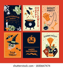 Halloween party promo sale social media banner template with magic elements. Cauldron with potion, magic hat, bat, skull, candle, pumpkin, magic ball, cards, ghost. Poster, banner, special offer.