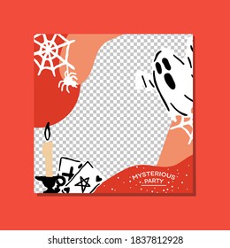 Halloween party promo sale web banner template with magic elements. Candle, playing cards, ghost, web and spider. Poster, banner, special offer with copy space