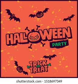 Halloween party pumpkin banner with bats and flying pumpkins. illustration Halloween pumpkin october. Trick and Treat text