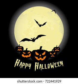 Halloween party. Pumpkin, bats and full moon. Halloween poster. Vector illustration.