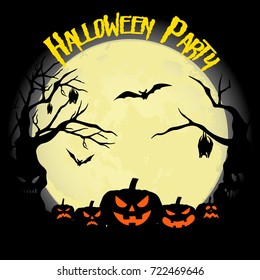 Halloween party. Pumpkin, bats and full moon. Halloween poster. Vector illustration.