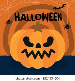 Halloween party. Pumpkin, bats and spiders. Halloween poster Vector illustration