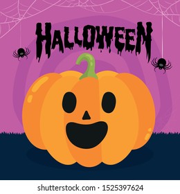 Halloween party. Pumpkin, bats and spiders. Halloween poster Vector illustration