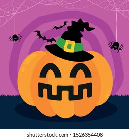 Halloween party. Pumpkin, bats and spiders. Halloween poster Vector illustration