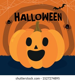 Halloween party. Pumpkin, bats and spiders. Halloween poster Vector illustration