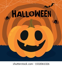 Halloween party. Pumpkin, bats and spiders. Halloween poster Vector illustration