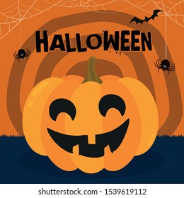 Halloween party. Pumpkin, bats and spiders. Halloween poster Vector illustration