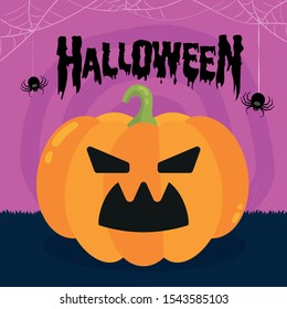 Halloween party. Pumpkin, bats and spiders. Halloween poster Vector illustration