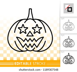 Halloween party pumpkin with carving face thin line icon. Jack O Lantern vector linear symbol with different stroke width. Editable stroke simple halloween sign without fill on transparent background